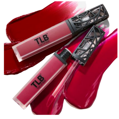Two lip glosses with 'TLB' branding on a red background